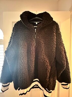 Express Black Sherpa Half-Zip Pullover with Striped Hem
